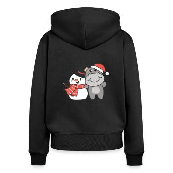 Hippo with snowman in winter for Christmas - Women's Premium Organic Zip Hoodie - black - Back - Julia (174cm)