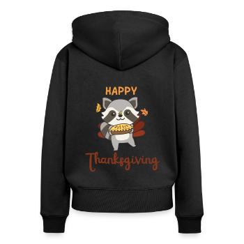 thanksgiving day outfits turkey raccoon with pie - Women's Premium Organic Zip Hoodie - black - Back - Julia (174cm)