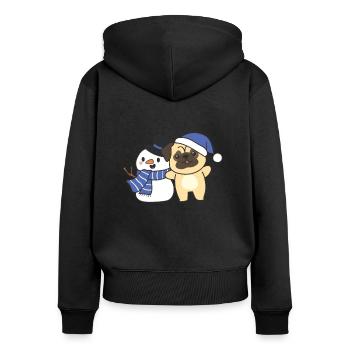 Pug with snowman in winter for Christmas - Women's Premium Organic Zip Hoodie - black - Back - Julia (174cm)