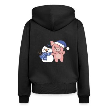 Pig with snowman in winter for Christmas - Women's Premium Organic Zip Hoodie - black - Back - Julia (174cm)