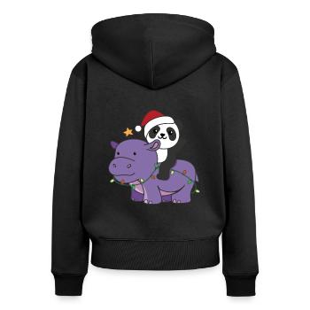 Weihnachts Hippo Panda frohe Weihnachten Hippo - Frauen Premium Bio Zip Hoodie - Schwarz - Hinten - Julia (174cm)