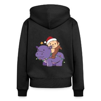 Christmas Hippo Monkey Merry Christmas Hippo - Women's Premium Organic Zip Hoodie - black - Back - Julia (174cm)