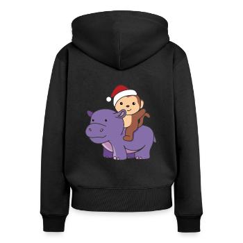 Weihnachts Hippo Affe frohe Weihnachten Hippo - Frauen Premium Bio Zip Hoodie - Schwarz - Hinten - Julia (174cm)