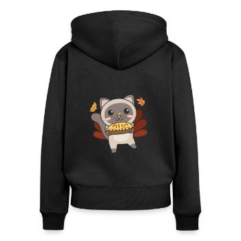 thanksgiving day outfits turkey cat with pie - Women's Premium Organic Zip Hoodie - black - Back - Julia (174cm)