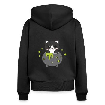 Katze Happy Halloween Hexenkessel Fledermaus - Frauen Premium Bio Zip Hoodie - Schwarz - Hinten - Julia (174cm)