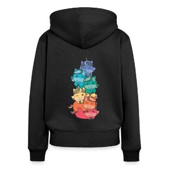 Regenbogen Flag Pride LGBTQ süßer Einhorn Stapel - Frauen Premium Bio Zip Hoodie - Schwarz - Hinten - Julia (174cm)