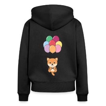 Shiba Inu vole vers le sommet avec des ballons colorés - Sweat à capuche zippé Premium bio Femme - noir - Dos - Julia (174cm)