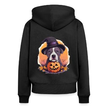 Halloween Hexenhut Kürbis Hund American Staffie - Frauen Premium Bio Zip Hoodie - Schwarz - Hinten - Julia (174cm)