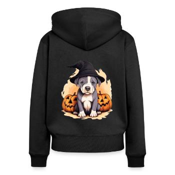 Halloween Hexenhut Kürbis Hund American Staffie - Frauen Premium Bio Zip Hoodie - Schwarz - Hinten - Julia (174cm)