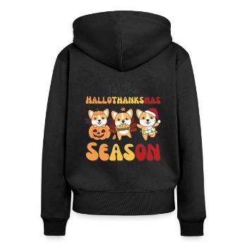 Tis' the Hallothanksmas Saison Corgi - Sweat à capuche zippé Premium bio Femme - noir - Dos - Julia (174cm)