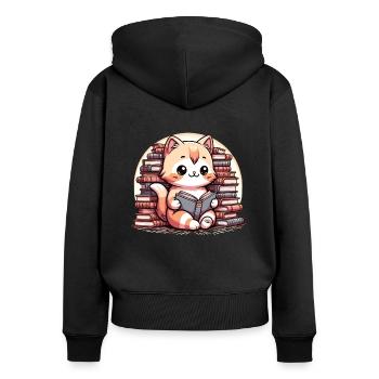 Cute reading cat with lots of books - Women's Premium Organic Zip Hoodie - black - Back - Julia (174cm)