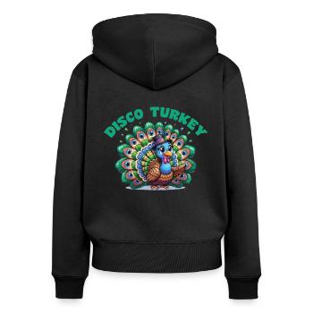 Thanksgiving turkey dressed as a peacock disco - Women's Premium Organic Zip Hoodie - black - Back - Julia (174cm)