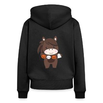 Cheval heureux Halloween citrouille chauve-souris costume - Sweat à capuche zippé Premium bio Femme - noir - Dos - Julia (174cm)
