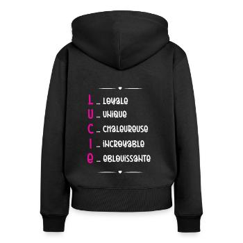 Cadeau Lucie - Qualités Personnalisées - Sweat à capuche zippé Premium bio Femme - noir - Dos - Julia (174cm)