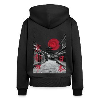 Japan Vintage Kyoto Streetwear - Frauen Premium Bio Zip Hoodie - Schwarz - Hinten - Julia (174cm)