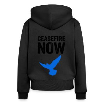 CEASEFIRE NOW mit Friedenstaube - Frauen Premium Bio Zip Hoodie - Schwarz - Hinten - Julia (174cm)