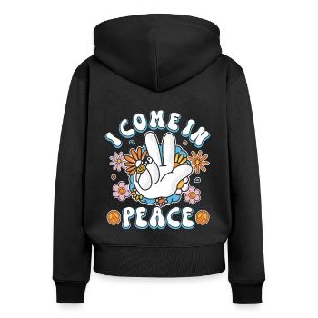 Peace Peace Sign "I Come In Peace" lustiges 70s - Frauen Premium Bio Zip Hoodie - Schwarz - Hinten - Julia (174cm)