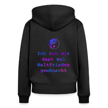 Ich habe mir dann mal Weltfrieden gewünscht - bunt - Frauen Premium Bio Zip Hoodie - Schwarz - Hinten - Julia (174cm)