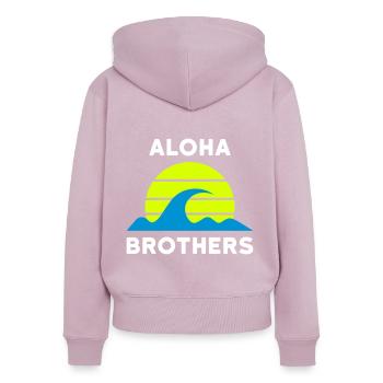 Frères Aloha (soleil avec lignes, vagues) - Sweat à capuche zippé Premium bio Femme - rose poudré - Dos - Julia (174cm)