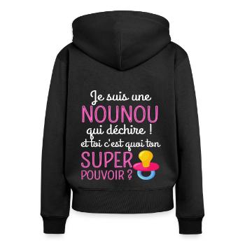 T shirt nounou qui déchire cadeau nourrice - Sweat à capuche zippé Premium bio Femme - noir - Dos - Julia (174cm)