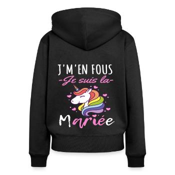 J'm'en fous je suis la mariée humour evjf cadeau - Sweat à capuche zippé Premium bio Femme - noir - Dos - Julia (174cm)