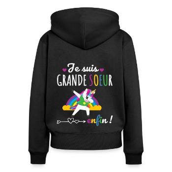 Je suis grande soeur enfin humour licorne cadeau - Sweat à capuche zippé Premium bio Femme - noir - Dos - Julia (174cm)