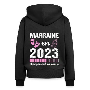 Marraine en 2023 cadeau pour future marraine - Sweat à capuche zippé Premium bio Femme - noir - Dos - Julia (174cm)