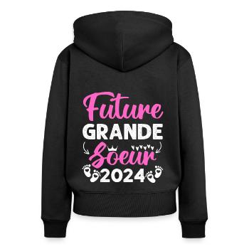 Future grande soeur 2024 bientôt grande soeur - Sweat à capuche zippé Premium bio Femme - noir - Dos - Julia (174cm)