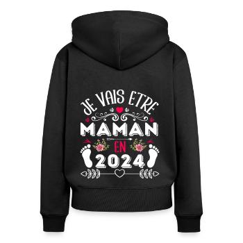 Je vais être maman en 2024 annonce naissance bébé - Sweat à capuche zippé Premium bio Femme - noir - Dos - Julia (174cm)