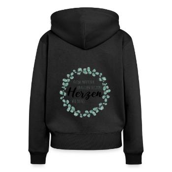 Kleine Menschen brauchen so große Herzen wie Deins - Frauen Premium Bio Zip Hoodie - Schwarz - Hinten - Julia (174cm)