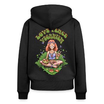 Love Peace Veganism - Frauen Premium Bio Zip Hoodie - Schwarz - Hinten - Julia (174cm)