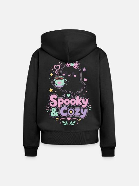 Spooky & Cozy Geist mit Kaffee - Frauen Premium Bio Zip Hoodie - Schwarz