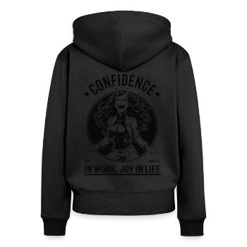 Selbstbewusstsein – Vertrauen & Freude - Frauen Premium Bio Zip Hoodie - Schwarz - Hinten - Julia (174cm)