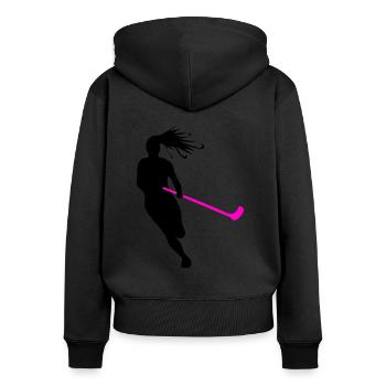 Floorball Florballerin - Frauen Premium Bio Zip Hoodie - Schwarz - Hinten - Julia (174cm)