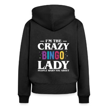 Je suis le cadeau de chemise Crazy Bingo Lady - Sweat à capuche zippé Premium bio Femme - noir - Dos - Julia (174cm)