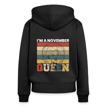 Dans un cadeau de chemise queen de novembre - Sweat à capuche zippé Premium bio Femme - noir - Dos - Julia (174cm)