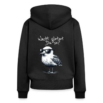 Watt glotzt Du so Möwe Wattwanderung Spruch - Frauen Premium Bio Zip Hoodie - Schwarz - Hinten - Julia (174cm)