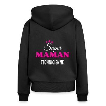 Super maman technicienne citation - Sweat à capuche zippé Premium bio Femme - noir - Dos - Julia (174cm)