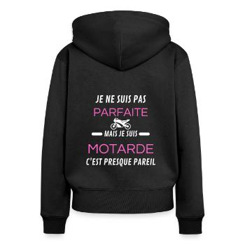 je ne suis pas parfait motarde - Sweat à capuche zippé Premium bio Femme - noir - Dos - Julia (174cm)