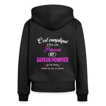 c'est compliqué princesse et sapeur pompier - Sweat à capuche zippé Premium bio Femme - noir - Dos - Julia (174cm)