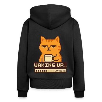 Aufwachen beim Laden – Pixel Cat Funny - Frauen Premium Bio Zip Hoodie - Schwarz - Hinten - Julia (174cm)