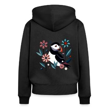 Papageitaucher mit Blumen - Frauen Premium Bio Zip Hoodie - Schwarz - Hinten - Julia (174cm)