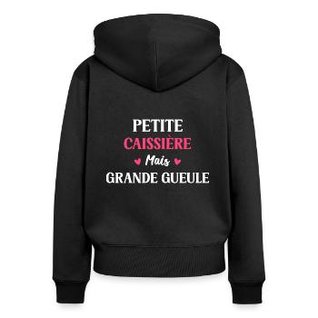 Petite caissière mais grande gueule - Sweat à capuche zippé Premium bio Femme - noir - Dos - Julia (174cm)