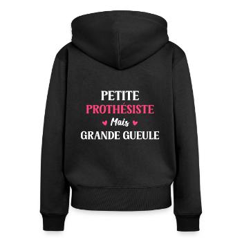 Grande gueule petite Prothésiste - Sweat à capuche zippé Premium bio Femme - noir - Dos - Julia (174cm)