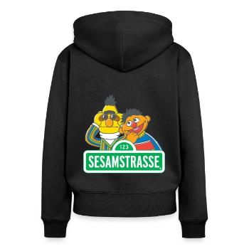 Sesamstraße Schild Ernie und Bert - Frauen Premium Bio Zip Hoodie - Schwarz - Hinten - Julia (174cm)