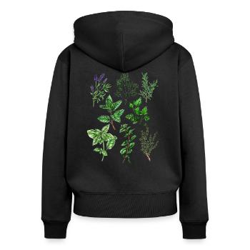 Herbes: Lavande, aneth, romarin, thym, origan ... - Sweat à capuche zippé Premium bio Femme - noir - Dos - Julia (174cm)