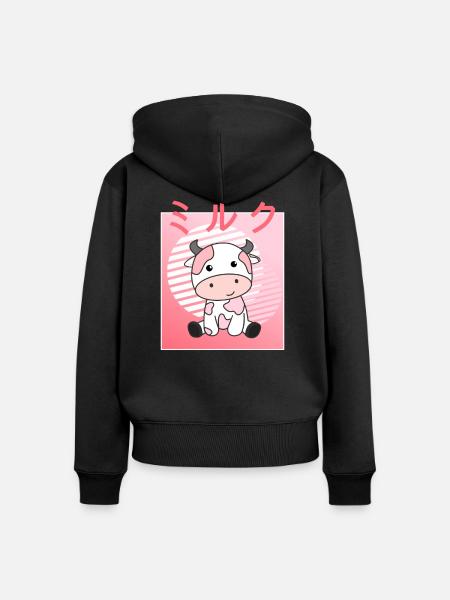 Kawaii Kuh Retro japanisch Erdbeer Kühe - Frauen Premium Bio Zip Hoodie - Schwarz