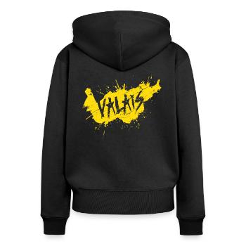 VALAIS GRUNGY GELB - Frauen Premium Bio Zip Hoodie - Schwarz - Hinten - Julia (174cm)