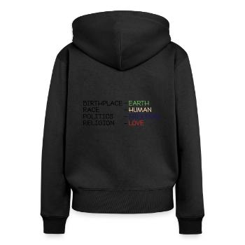 Birthplace-Earth, Race-Human, Politics-Freedom.... - Frauen Premium Bio Zip Hoodie - Schwarz - Hinten - Julia (174cm)