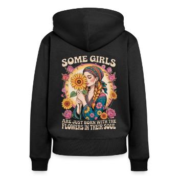 Flowers in Soul. Hippie Boho Style Blumenmädchen - Frauen Premium Bio Zip Hoodie - Schwarz - Hinten - Julia (174cm)
